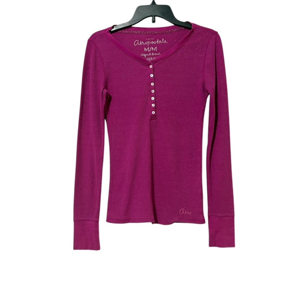 Aeropostale Magenta Waffle Knit Metallic Henley Shirt‎ Size Medium Elena Gilbert